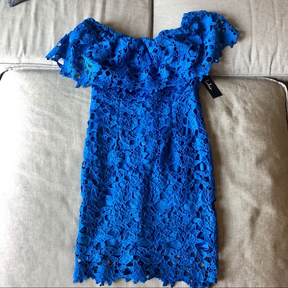 GENEVIEVE ROYAL BLUE OFF-THE-SHOULDER LACE DRESS - Picture 2 of 4